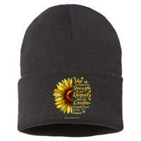 She Is Clothed Strength Dignity Laughs Bible Verse Sunflower Sustainable Knit Beanie