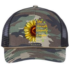 She Is Clothed Strength Dignity Laughs Bible Verse Sunflower Retro Rope Trucker Hat Cap