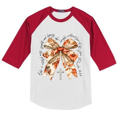 She Is Clothed With Strength Coquette Bow Kids Colorblock Raglan Jersey