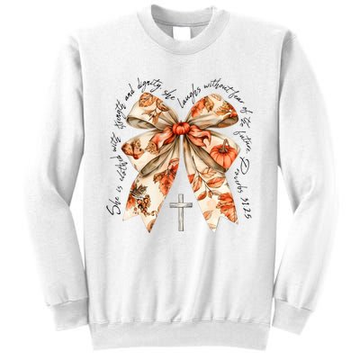 She Is Clothed With Strength Coquette Bow Sweatshirt