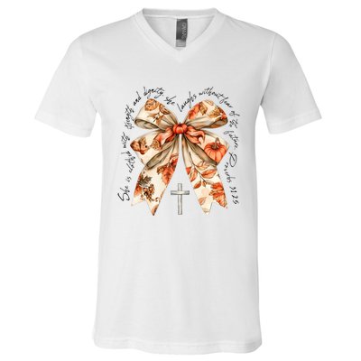 She Is Clothed With Strength Coquette Bow V-Neck T-Shirt