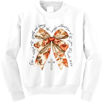 She Is Clothed With Strength Coquette Bow Kids Sweatshirt