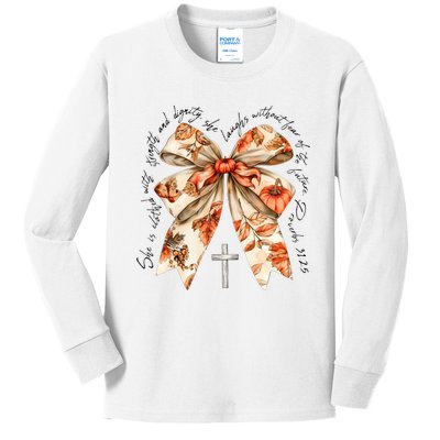 She Is Clothed With Strength Coquette Bow Kids Long Sleeve Shirt