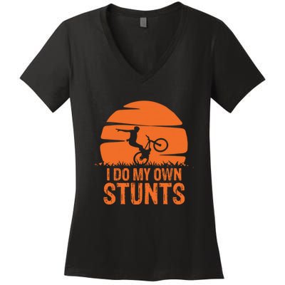 Sunset I Do My Own Stunts Mountain Bike Cycling Outfit MTB Life Gift Women's V-Neck T-Shirt