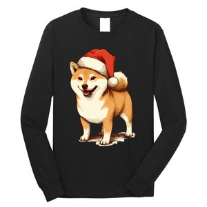 Shiba Inu Dog With Santa Hat Christmas Long Sleeve Shirt