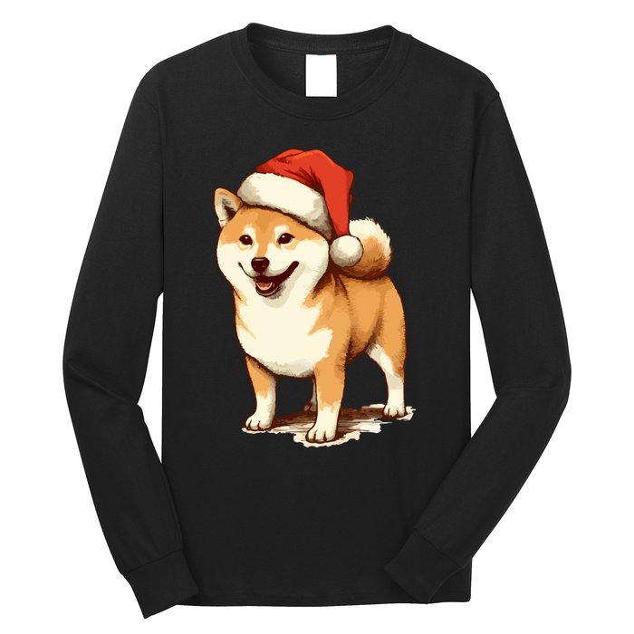 Shiba Inu Dog With Santa Hat Christmas Long Sleeve Shirt