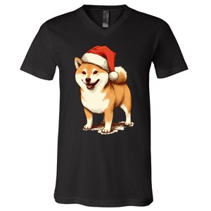 Shiba Inu Dog With Santa Hat Christmas V-Neck T-Shirt