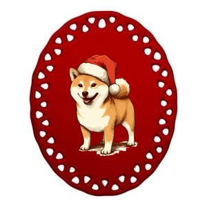 Shiba Inu Dog With Santa Hat Christmas Ceramic Oval Ornament