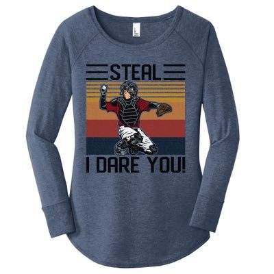 Steal I Dare You Funny Catcher Vintage Baseball Player Lover Gift Women's Perfect Tri Tunic Long Sleeve Shirt