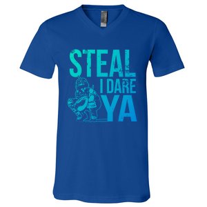 Steal I Dare Ya Funny Softball Catcher Team Sport Gift V-Neck T-Shirt