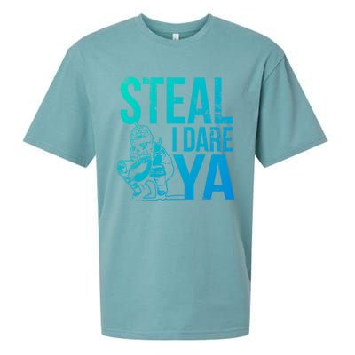 Steal I Dare Ya Funny Softball Catcher Team Sport Gift Sueded Cloud Jersey T-Shirt