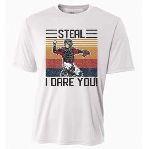 Steal I Dare You Funny Catcher Baseball Cooling Performance Crew T-Shirt