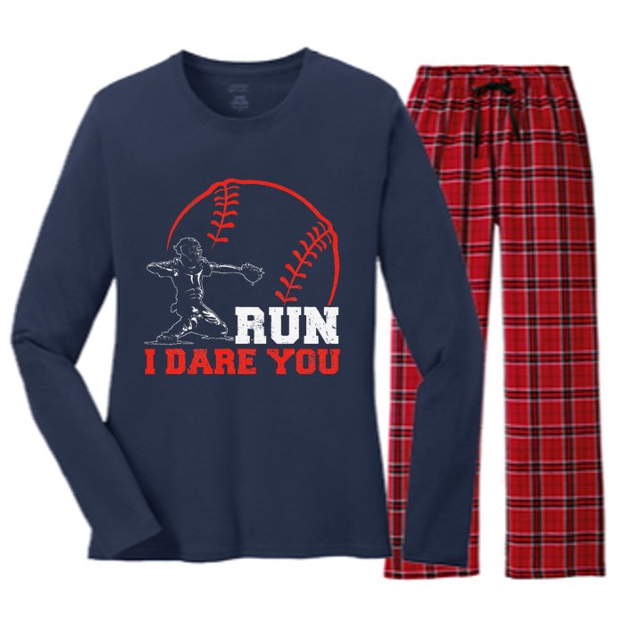 Steal I Dare You Baseball Catcher Baseball Player Women's Long Sleeve Flannel Pajama Set 