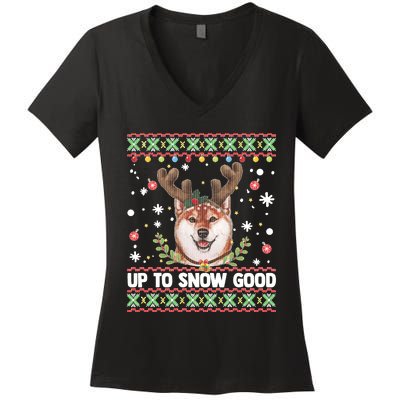 Shiba Inu Dog Reindeer Ugly Christmas Sweater Women's V-Neck T-Shirt