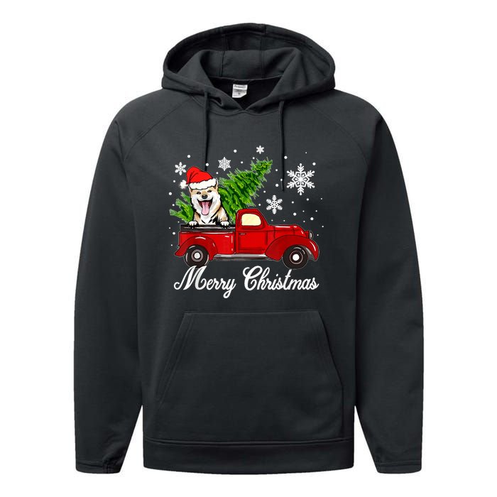 Shiba Inu Dog Riding Red Truck Christmas Decorations Pajama Performance Fleece Hoodie