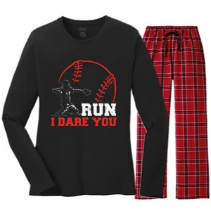 Steal I Dare You Baseball Catcher Baseball Player Women's Long Sleeve Flannel Pajama Set 