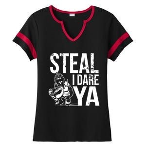 Steal I Dare Ya Funny Softball Catcher Team Sport Gift Ladies Halftime Notch Neck Tee