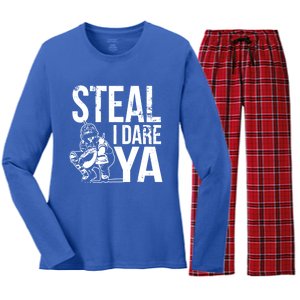 Steal I Dare Ya Funny Softball Catcher Team Sport Gift Women's Long Sleeve Flannel Pajama Set 