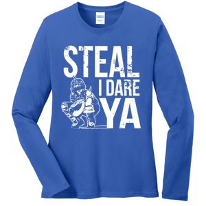 Steal I Dare Ya Funny Softball Catcher Team Sport Gift Ladies Long Sleeve Shirt