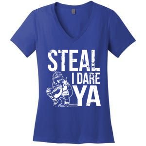 Steal I Dare Ya Funny Softball Catcher Team Sport Gift Women's V-Neck T-Shirt