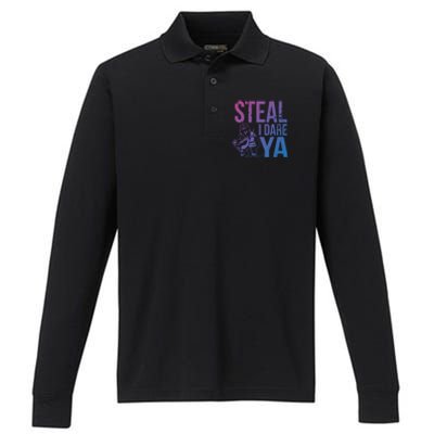 Steal I Dare Ya Funny Softball Catcher Team Sport Gift Performance Long Sleeve Polo