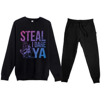 Steal I Dare Ya Funny Softball Catcher Team Sport Gift Premium Crewneck Sweatsuit Set