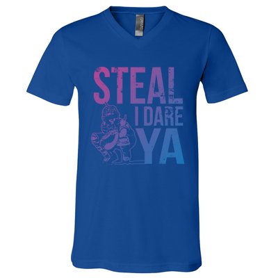 Steal I Dare Ya Funny Softball Catcher Team Sport Gift V-Neck T-Shirt