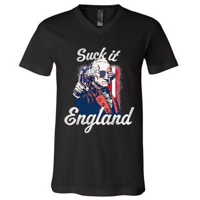 Suck It England Funny George Washington USA Flag 4th of July V-Neck T-Shirt