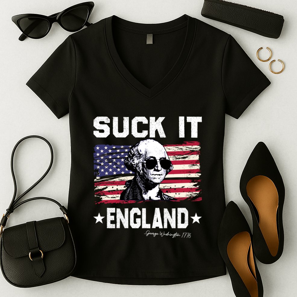 Suck It England Funny 4th Of July George Washington 1776 Women's V-Neck T-Shirt