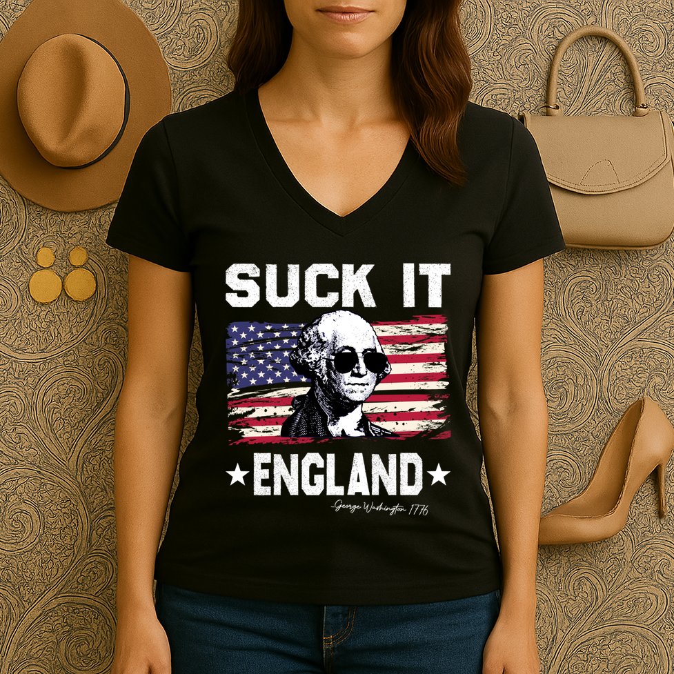 Suck It England Funny 4th Of July George Washington 1776 Women's V-Neck T-Shirt