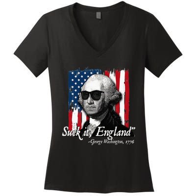 Suck It England Funny George Washington Usa Flag Women's V-Neck T-Shirt