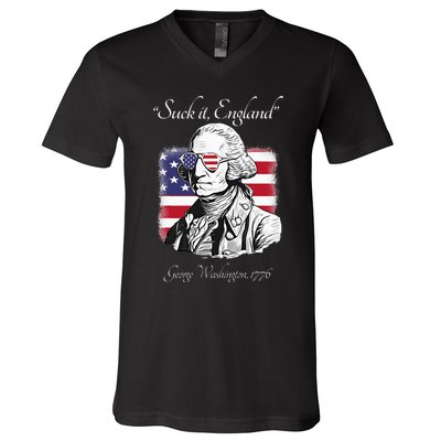 Suck It England Funny George Washington USA Flag 4th of July V-Neck T-Shirt