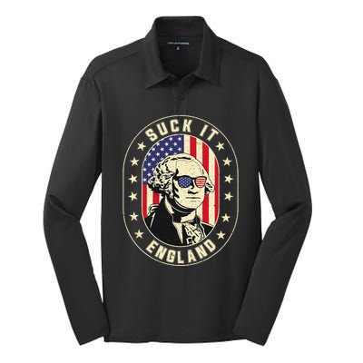 Suck It England George Washington 1776 Usa Funny 4th Of July Silk Touch Performance Long Sleeve Polo