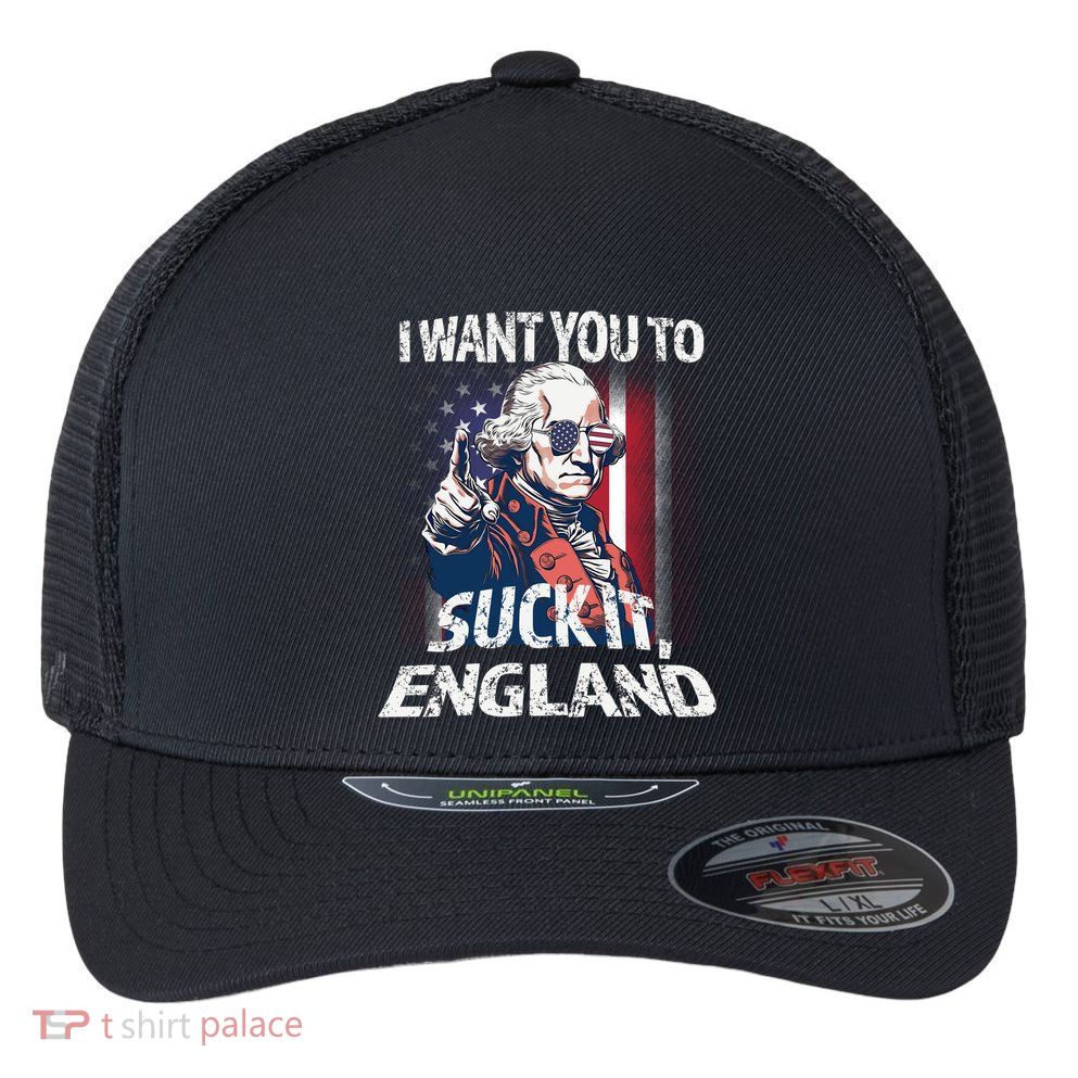 Suck It England Funny George Washington Usa Flag 4th Of July Flexfit Unipanel Trucker Cap