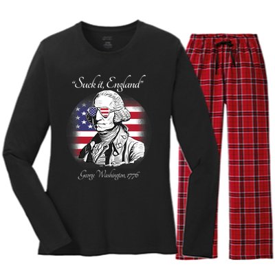 Suck It England Funny George Washington USA Flag 4th Of July Women's Long Sleeve Flannel Pajama Set 