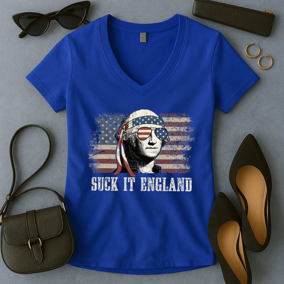 Suck It England Funny 4th Of July George Washington Us Flag Women's V-Neck T-Shirt