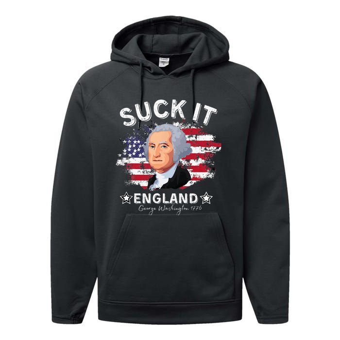 Suck It Funny England 4th of July George Washington Performance Fleece Hoodie