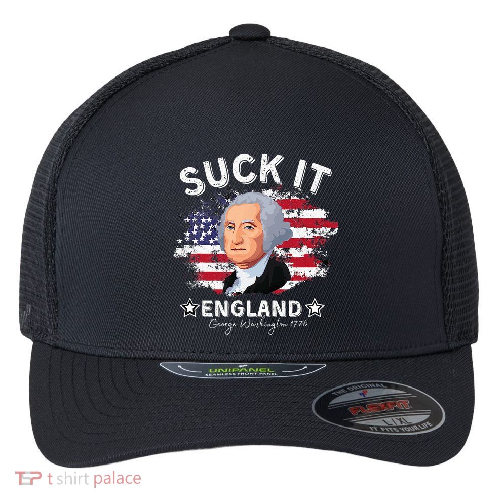 Suck It Funny England 4th of July George Washington Flexfit Unipanel Trucker Cap