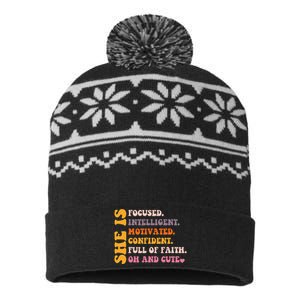 She Is Focused Intelligent Motivated Confident Quote USA-Made Snowflake Beanie