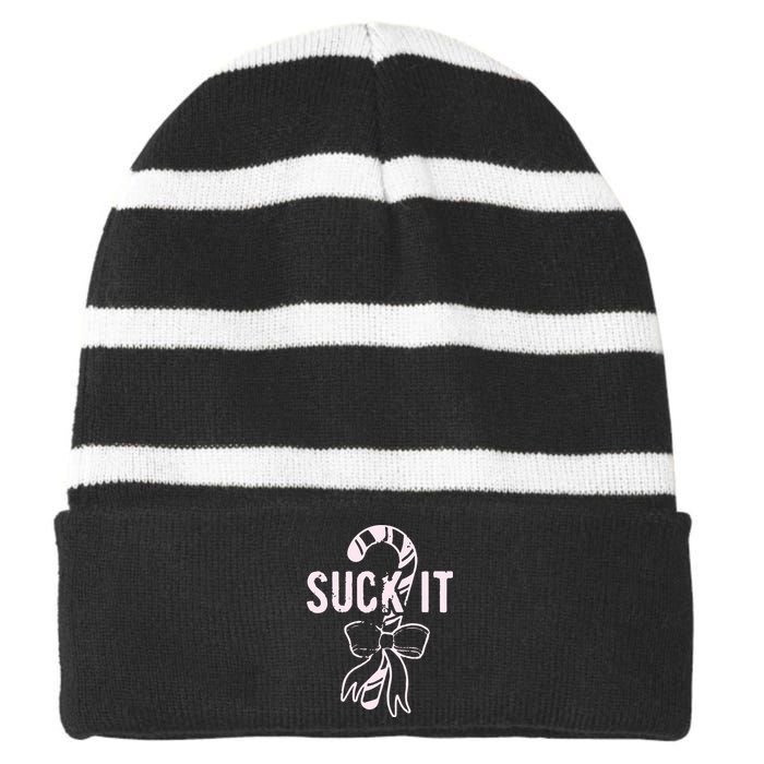 Suck It Funny Christmas Candy Cane Striped Beanie with Solid Band