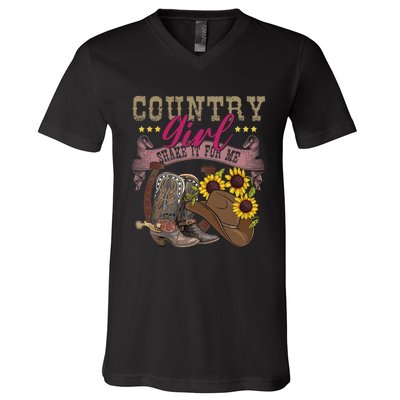 Shakes It For Me Country Music Cowgirl Boots Sunflower V-Neck T-Shirt