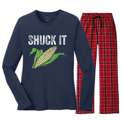 Shuck It Funny Farmer Corn Lover Market Festival Gift Women's Long Sleeve Flannel Pajama Set 