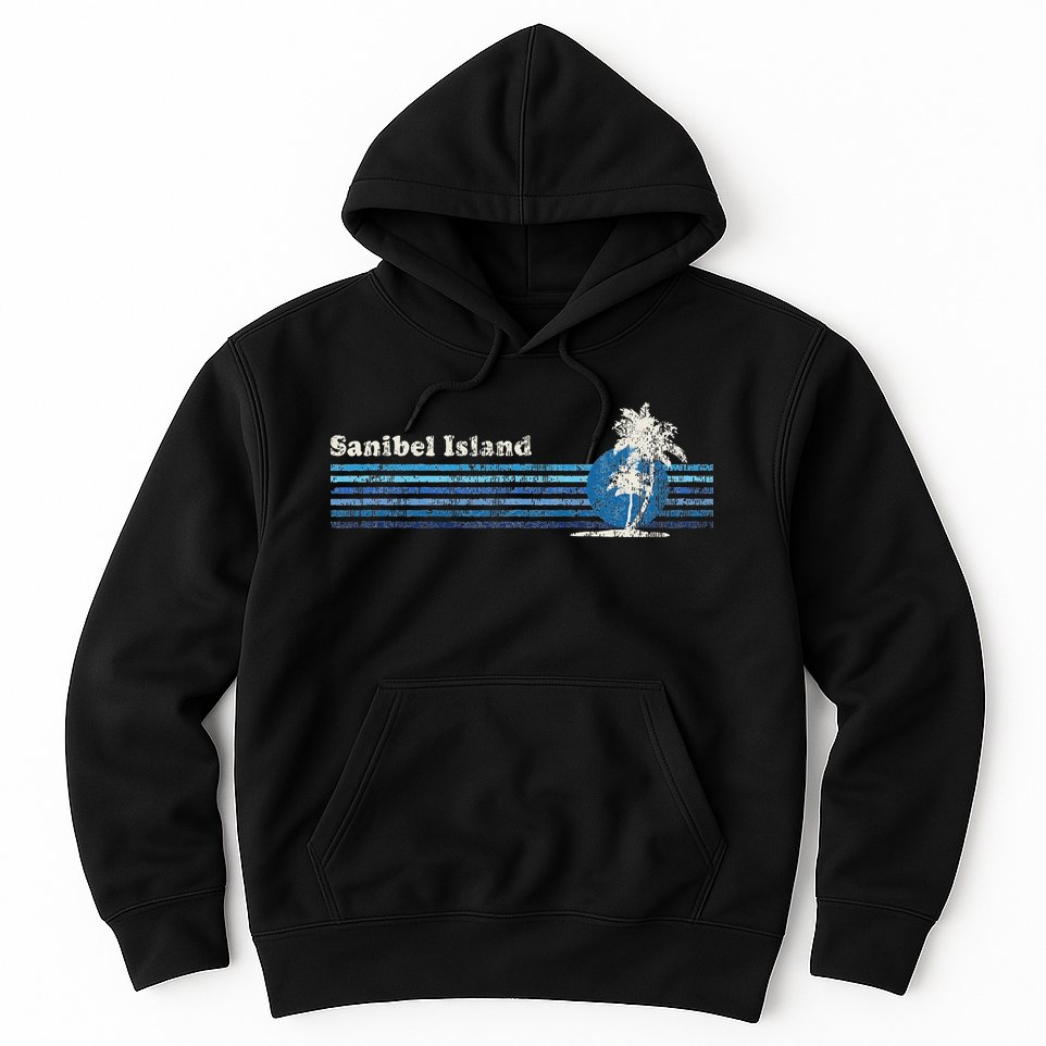 Sanibel Island Fl Vintage 80s Palm Trees Sunset Hoodie