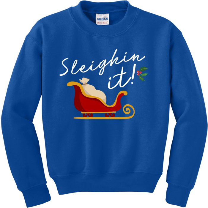 Sleighin It Funny Christmas Pun Sleighing Santa Sleigh Xmas Gift Kids Sweatshirt