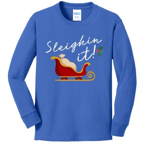 Sleighin It Funny Christmas Pun Sleighing Santa Sleigh Xmas Gift Kids Long Sleeve Shirt