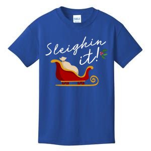 Sleighin It Funny Christmas Pun Sleighing Santa Sleigh Xmas Gift Kids T-Shirt