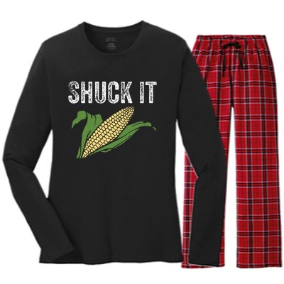 Shuck It Funny Farmer Corn Lover Market Festival Gift Women's Long Sleeve Flannel Pajama Set 