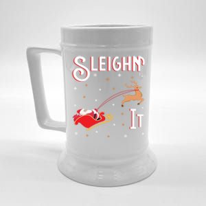 Sleighin It Funny Christmas Pun Sleighing Santa Sleigh Xmas Meaningful Gift Beer Stein