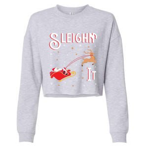 Sleighin It Funny Christmas Pun Sleighing Santa Sleigh Xmas Gift Cropped Pullover Crew