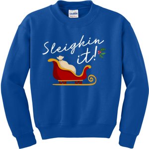 Sleighin It Funny Christmas Pun Sleighing Santa Sleigh Xmas Gift Kids Sweatshirt